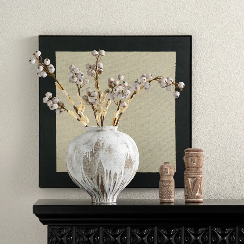 vase céramique rustique blanc gris texture marbrée fleurs séchées vintage bohème table decoration unique