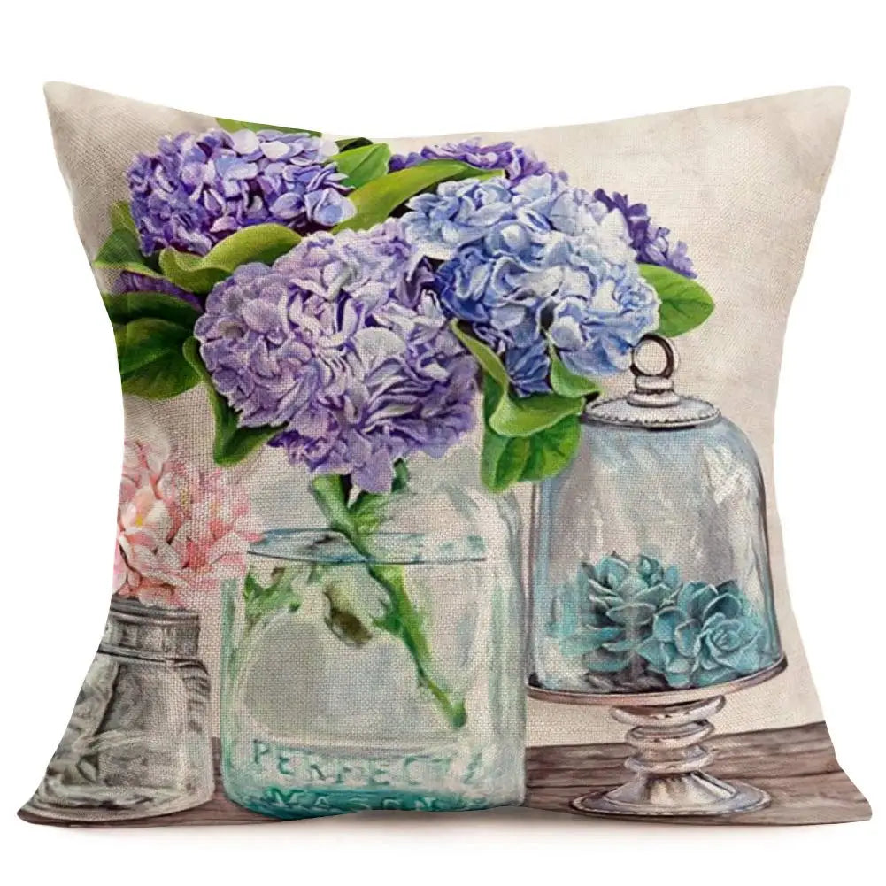 coussin decoratif hydrangeas lavande texture lin vintage maison 40x40cm polyester respectueux environnement