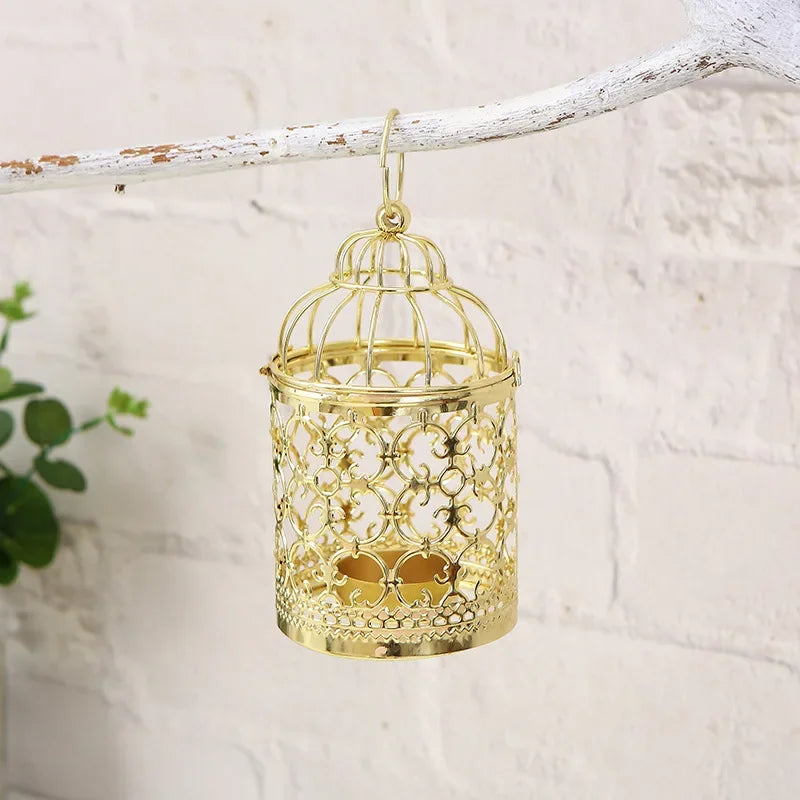 cage oiseaux ornements floraux ajourée artisanale élégante anneaux suspendus décoration maison or argent noir