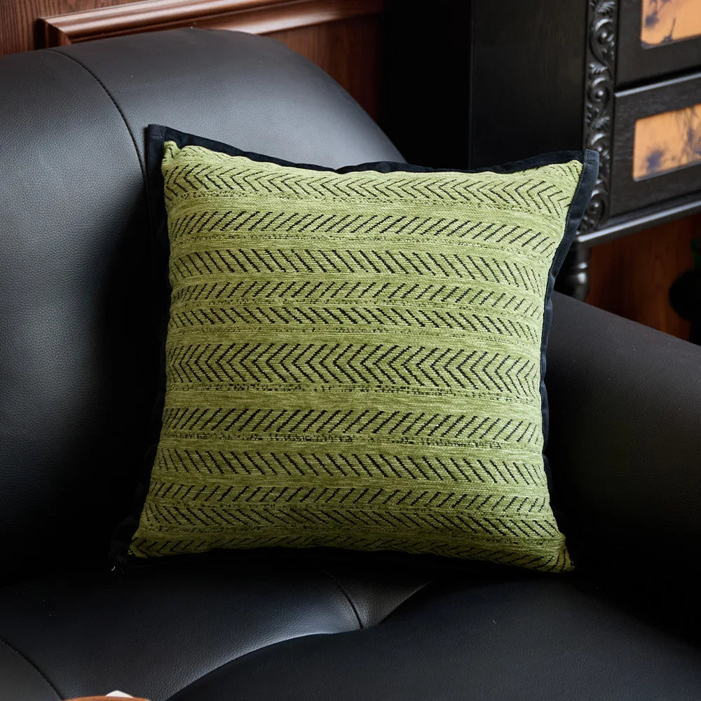 taies d'oreiller jacquard moderne rayures noires beige vert olive maison décoration écologique non toxique
