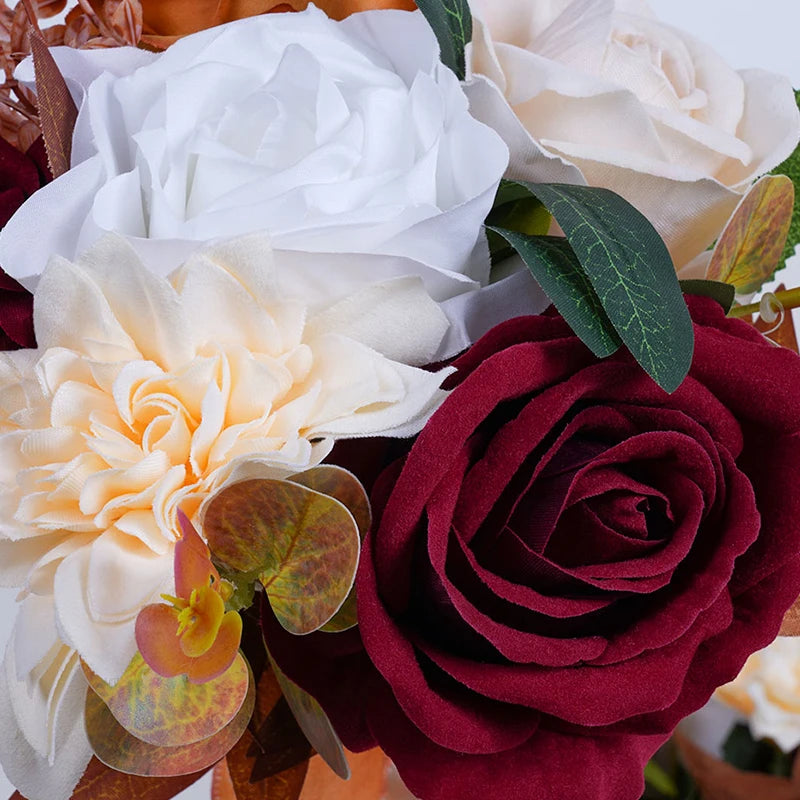 Bouquet artificiel fleurs velours rouge blanc orange vert classique adhésif ruban carte blanche