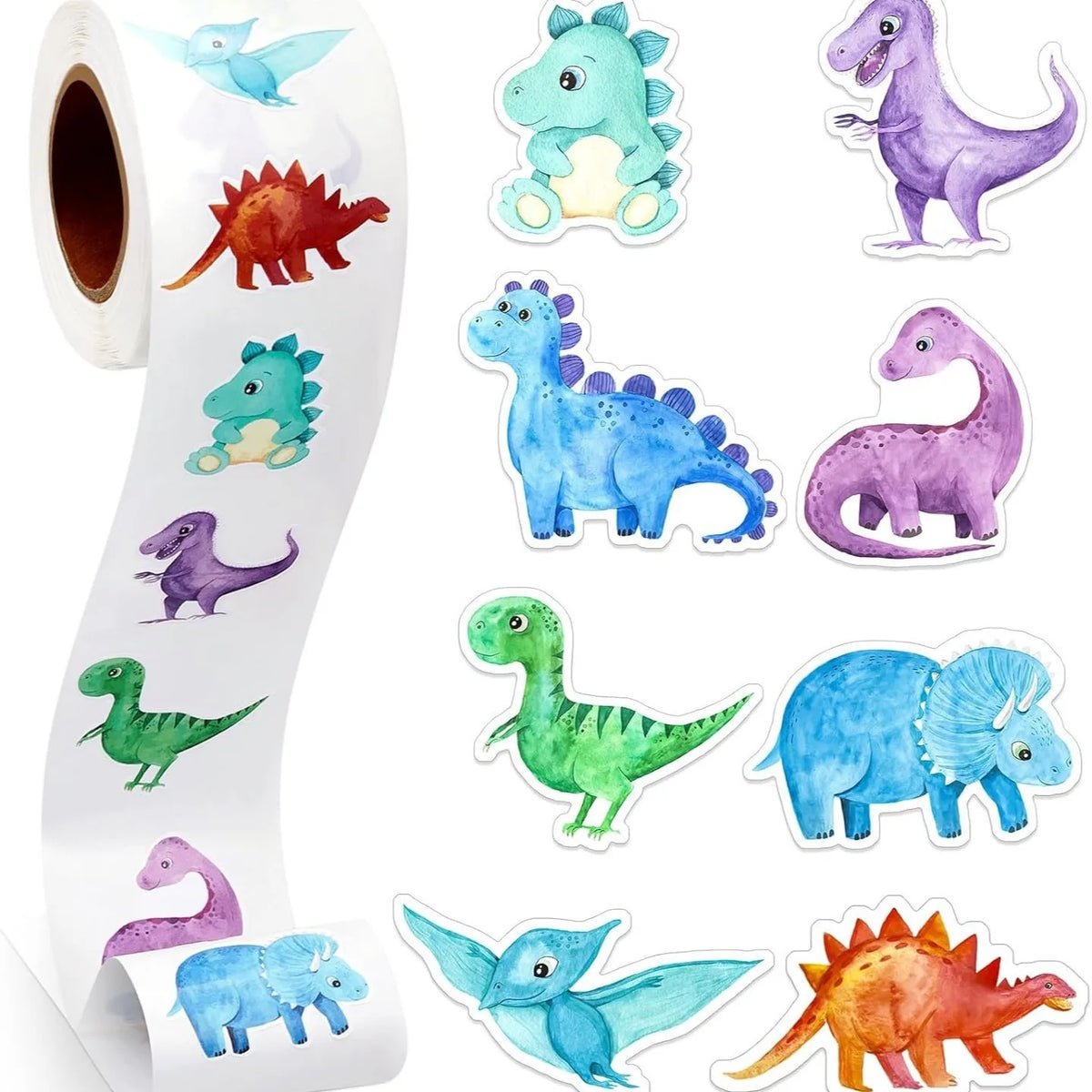 autocollants dinosaures aquarelle rouleau 500pcs adhésifs enfants enveloppes motifs colorés