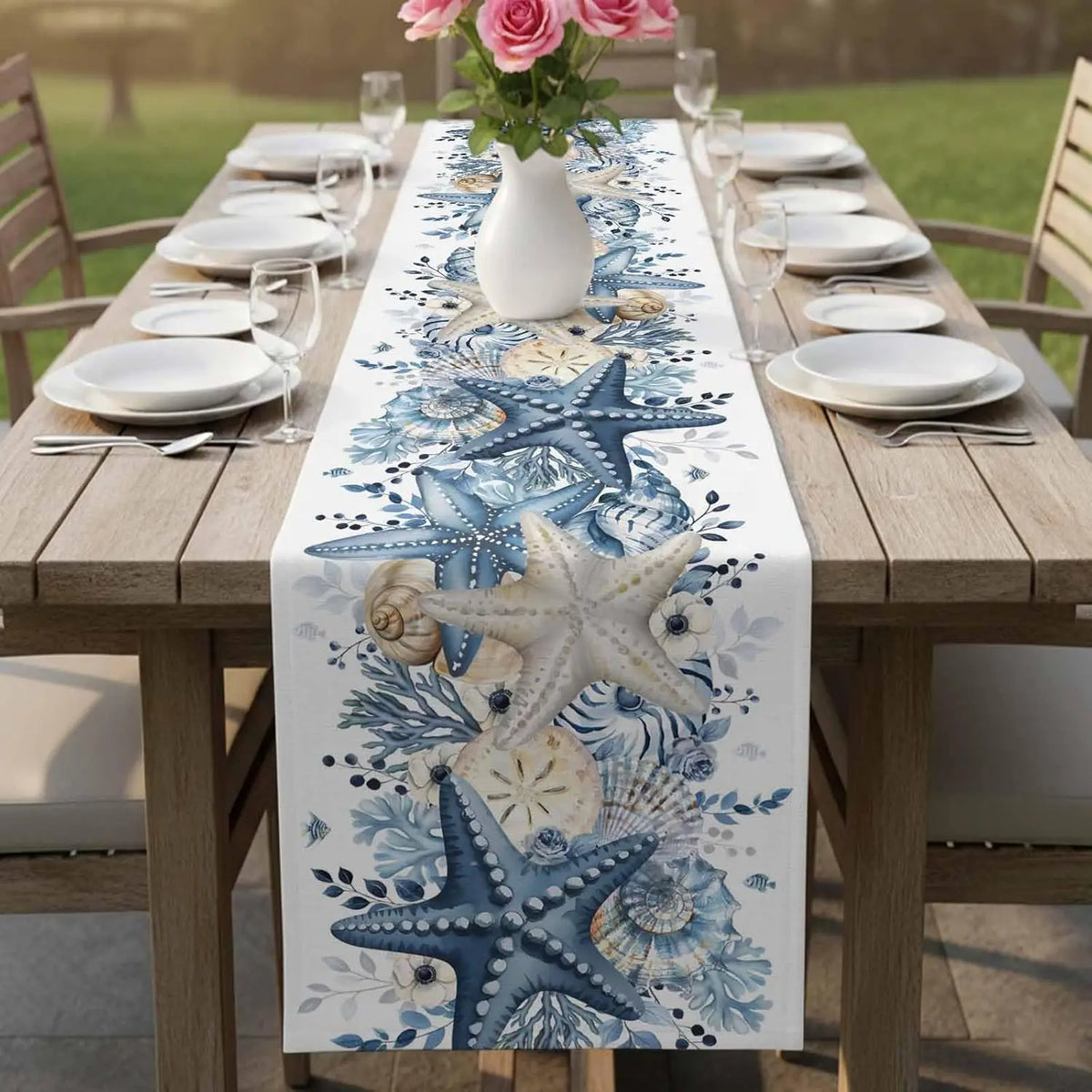 changement drap table lin bleu marine motifs coquillages été plage