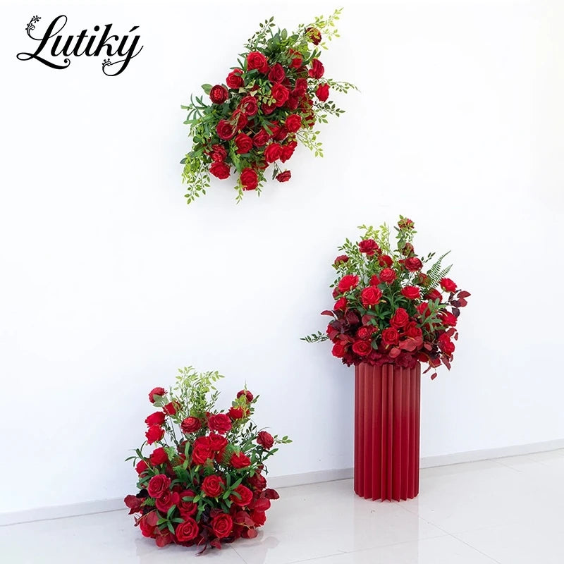 Décoration murale suspendue bouquet fleurs artificielles roses rouges feuilles vertes extérieur intérieur 70x40cm 50x50cm