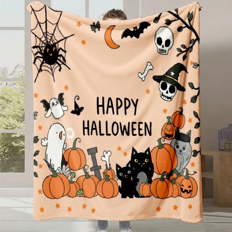 L'image illustre une couverture festive pour Halloween, mettant en scène des éléments typiques de cette fête tels que des citrouilles, des chats noirs, des fantômes, des os et des araignées sur un fond orangé. Le texte "Joyeux Halloween" est clairement visible au centre de l'image.