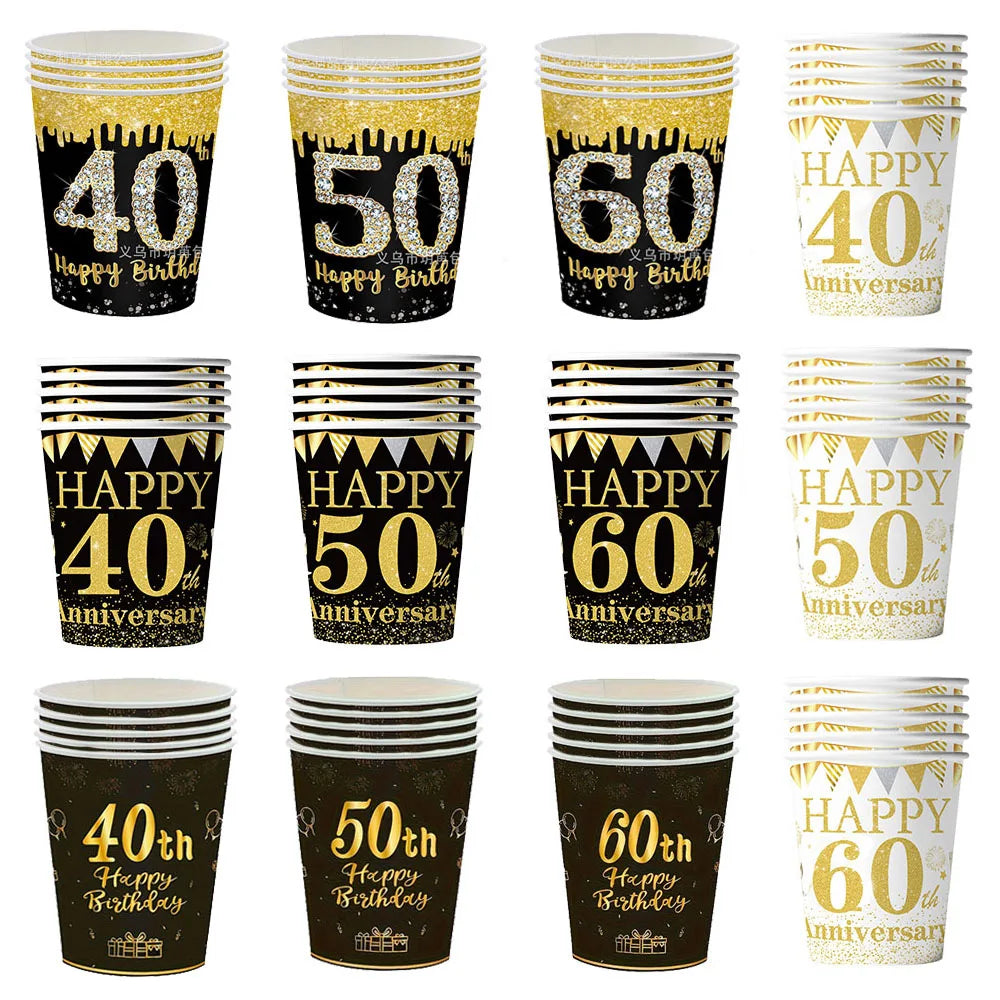 tasses papier jetables anniversaire happy birthday doré noir