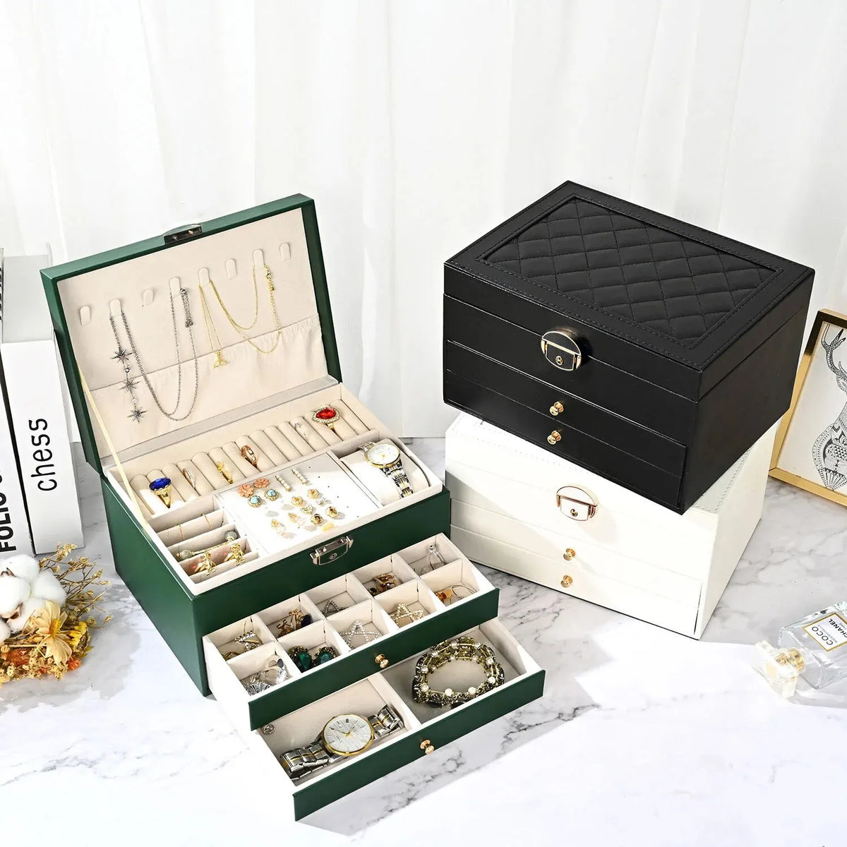 boîtes bijoux cuir géométrique organiseurs rangement bracelets boucles d'oreilles colliers montres classiques poignées métalliques