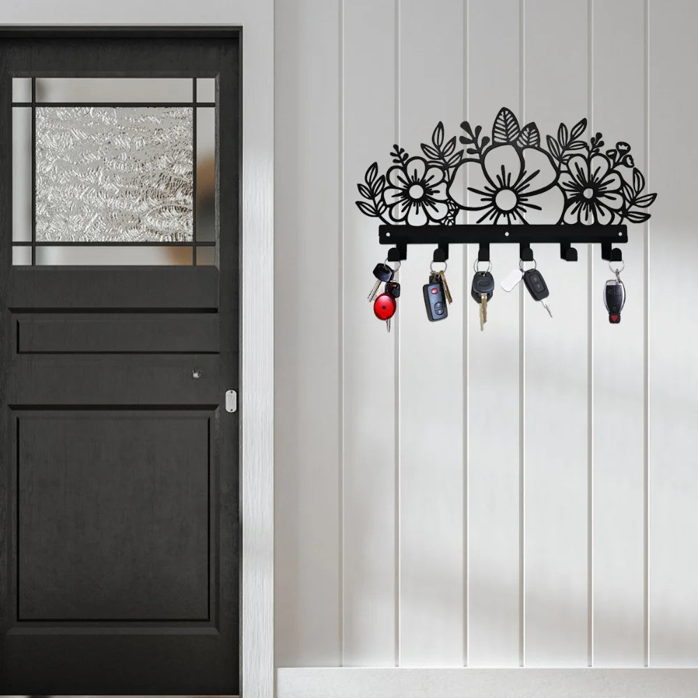 porte clés mural noir fleurs stylisées moderne crochets accrochables entrée chambre coucher decoration murale