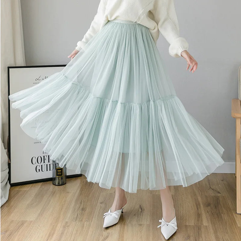 jupe midi plissée tulle transparente féminine élégante décontractée multiple niveaux printemps été
