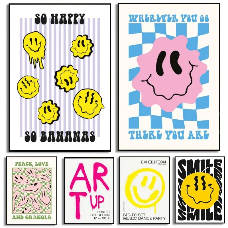 affiche pop art smiley géométrique moderne sans cadre couleur jaune rose bleu verte chambre