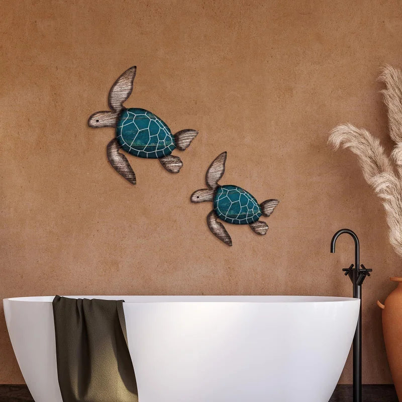 décoration murale sculpteur tortues bois vert brun artisanal rustique maison plage vintage