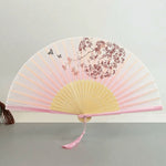 éventail traditionnel floral soie bambou pompon tissu blanc beige violet noir rose clair