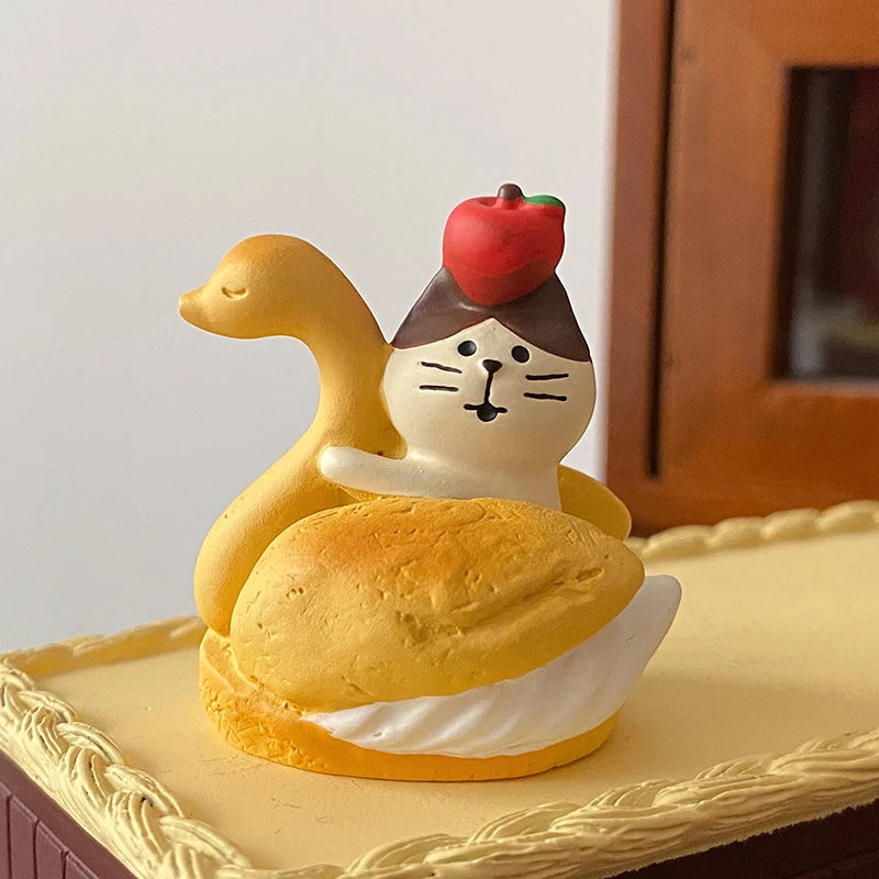 figurine animale kawaii résine blanc marron noir rose gris chapeau ruban bakery open chocolate