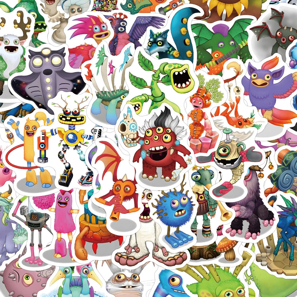 stickers multicolores dessins animés monstres robots animaux pack diy adhésifs mignons musique enfants cartoonaux