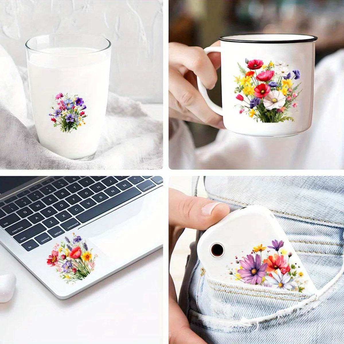 sticker transférable fleurs sauvages multicolore adhésif illustration décoration tasse durable usage unique