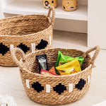 panier tissé rotin naturel blanc noir franges motifs ethniques boho respectueux environnement