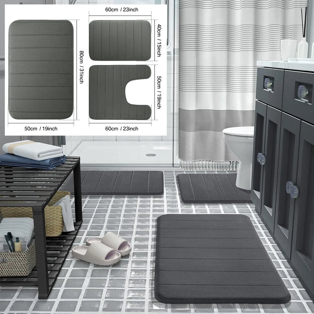 tapis bain mousse mémoire forme absorbant antidérapant moderne rayé beige clair salle bain lavable