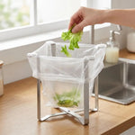 organiseur cuisine support sac poubelle acier inoxydable moderne minimaliste évier restes alimentaires transparent