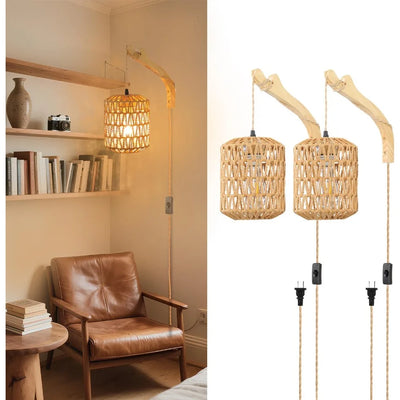 Applique murale en rotin tissé à la main, lampe boho pour salon