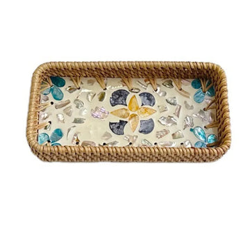 plateau rotin tissé décoratif assiettes céramique motifs floraux boho chic