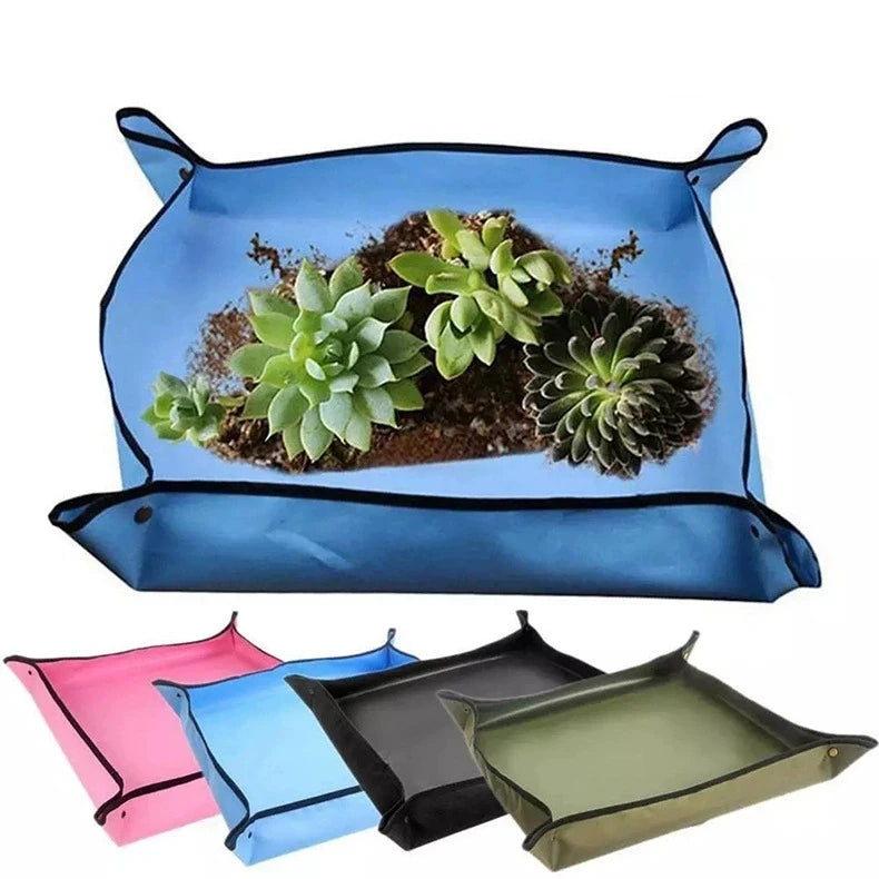 tapis jardinage imperméable moderne plateaux poterie pots fleurs outils bleu rose vert noir orange