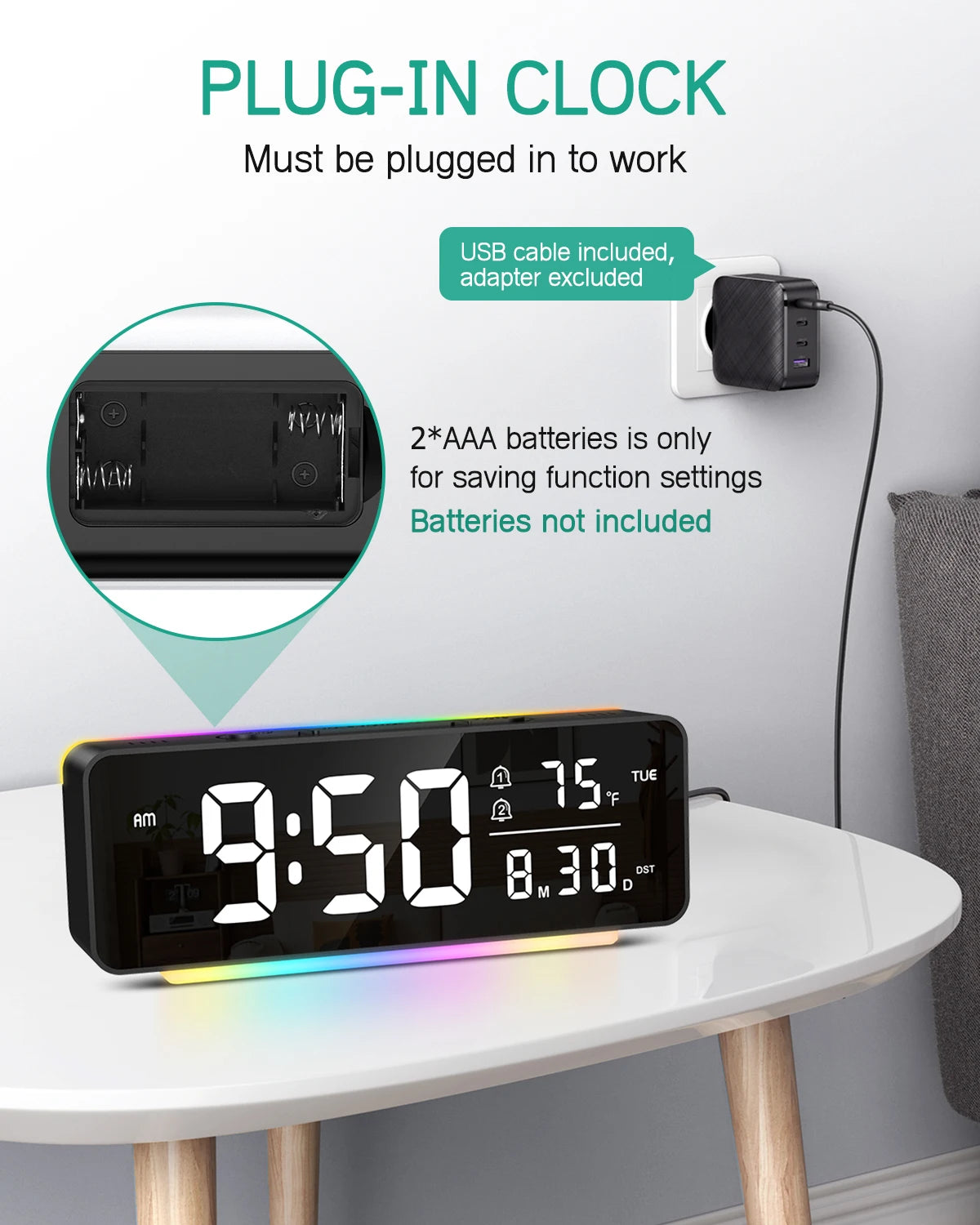 horloge numérique moderne led veilleuse rgb noir ambiancé affichage heure date