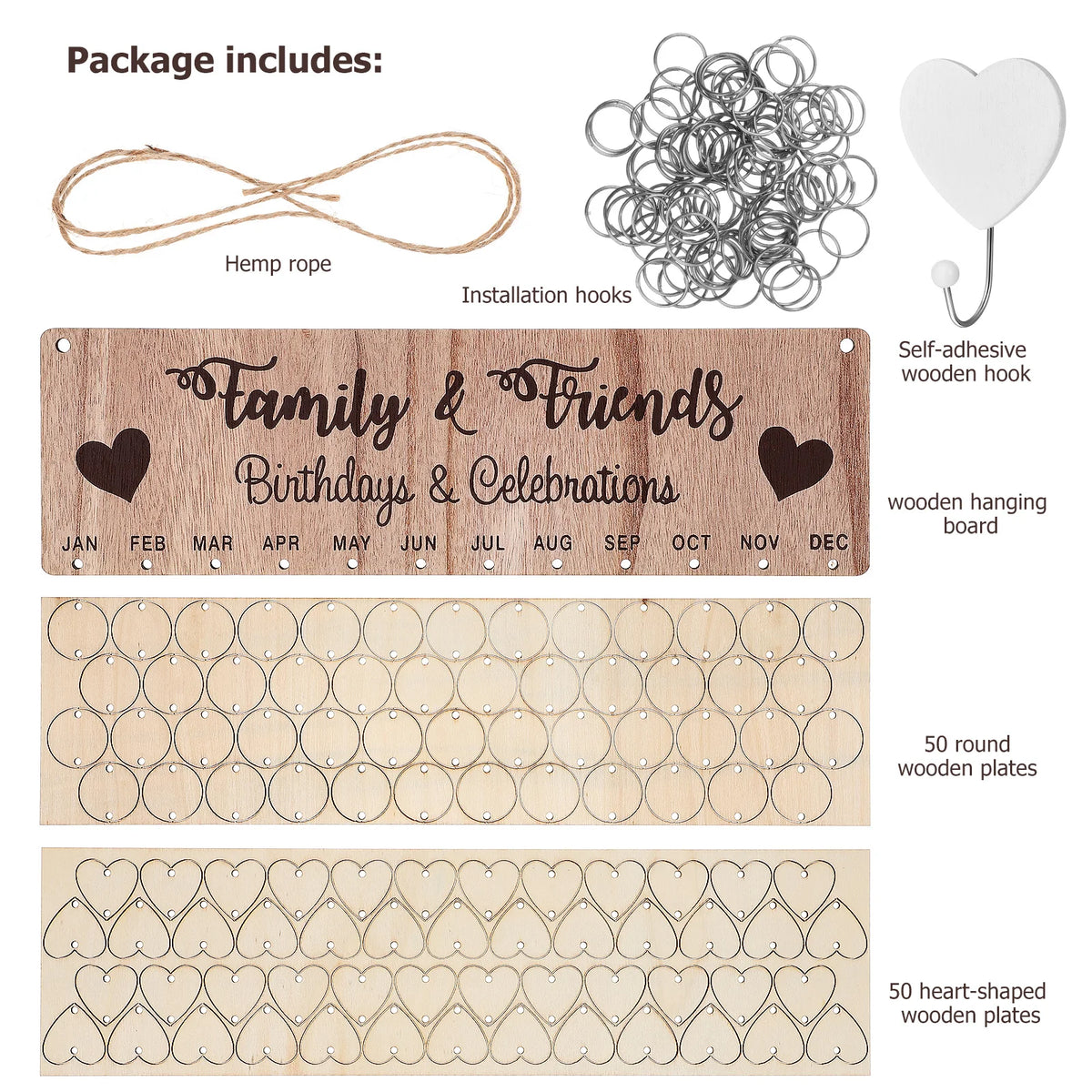 calendrier mural bois gravure coeurs anniversaires diy artisanal famille amitiés dates mémorables