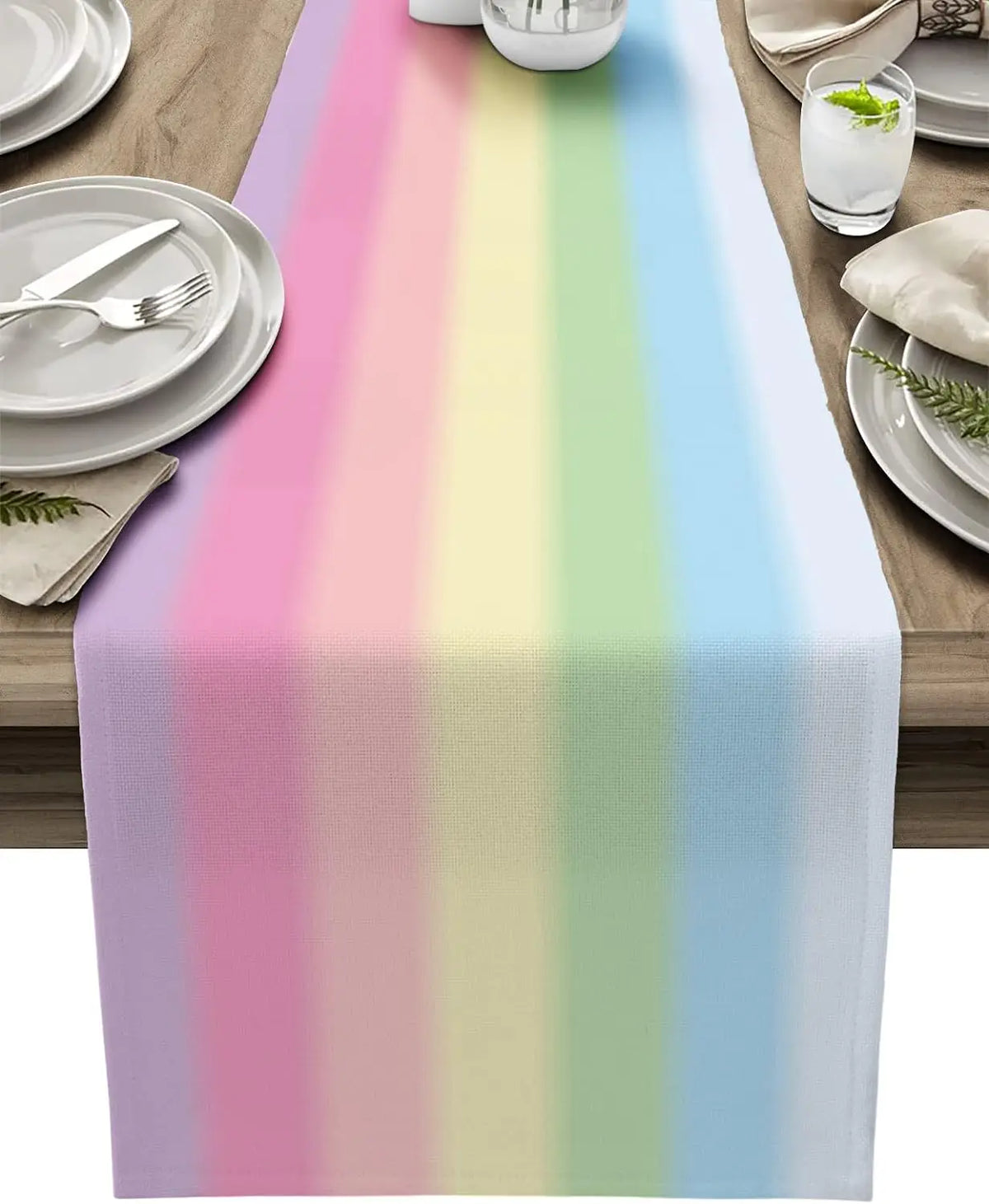 table cheminement lin rayé arc ciel moderne rose jaune verte bleue violette