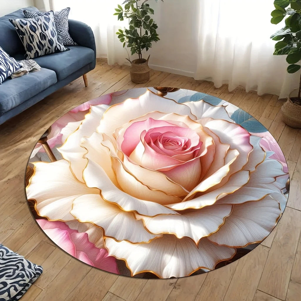 tapis rond moderne fleur rose détails floraux 100 polyester rose blanc beige doré salon