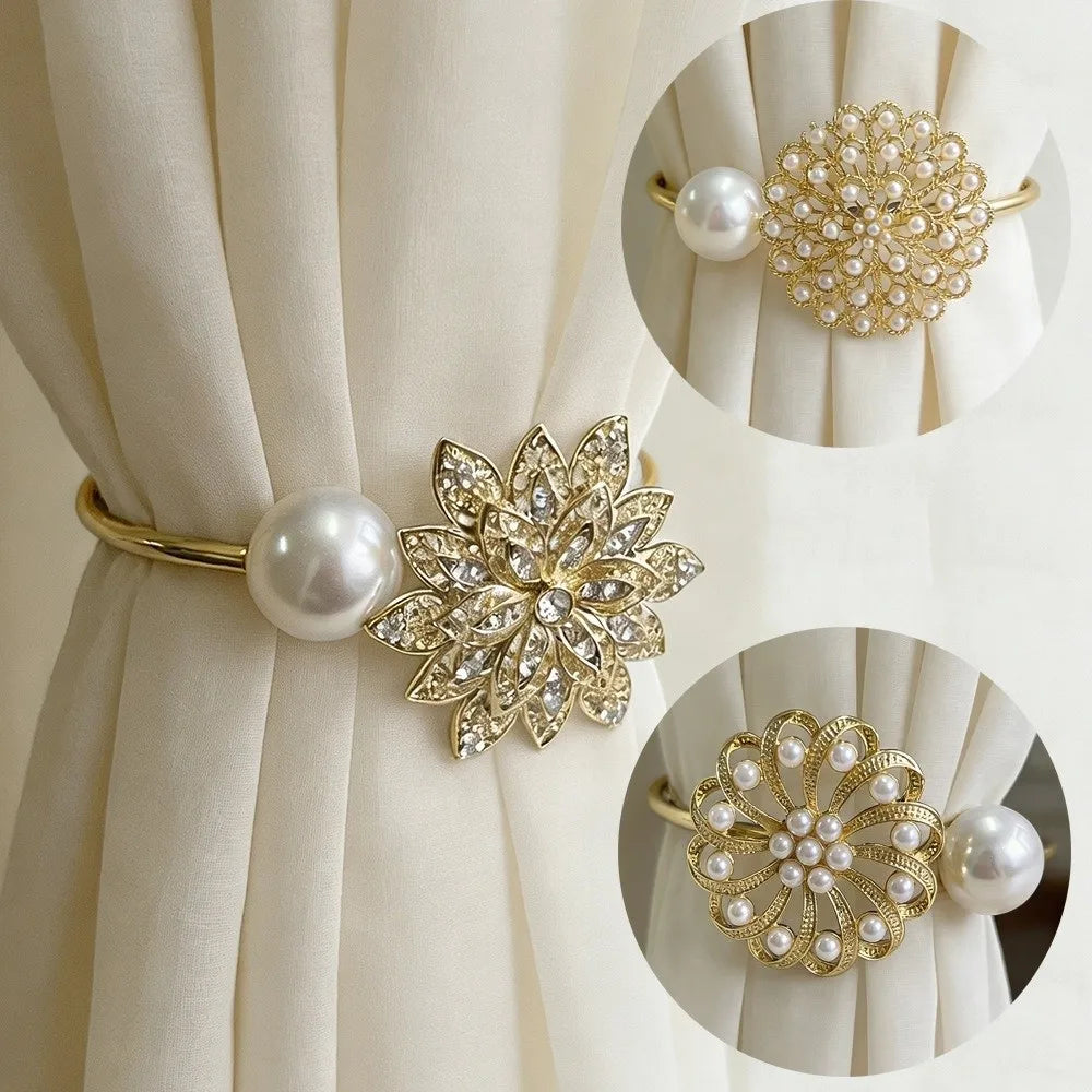 boucles rideau or blanc classiques anneaux dorés fleurées chambre coucher vintage français