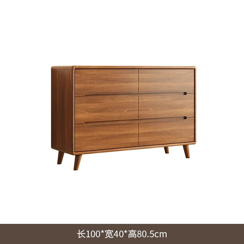 commode chêne foncé tiroirs modernes pieds bois poignées noires chambre salon