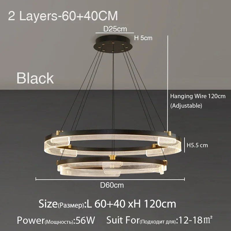 suspension lumineuse moderne noir doré ampoules led blanc translucide structure circulaire bandes translucides minimaliste