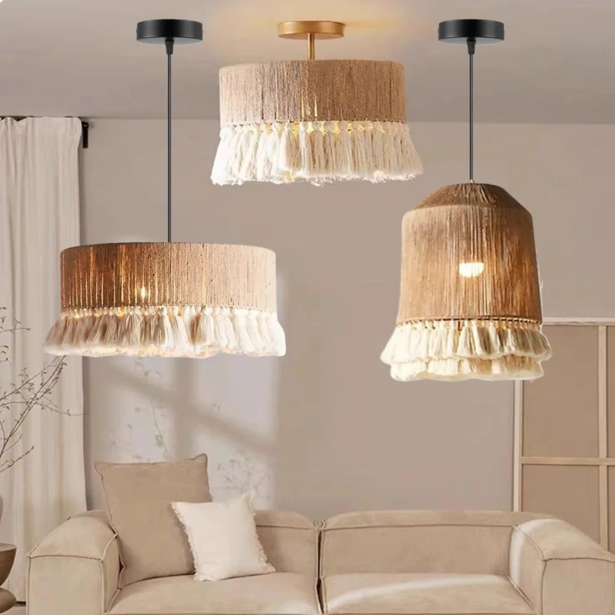 lampe suspendue moderne bohème tissu tressé franges blanches 40cm beige blanc