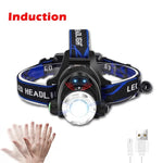 lampe frontale led rechargeable batterie 18650 noir bleu bandes ajustables haute luminosité camping outdoor