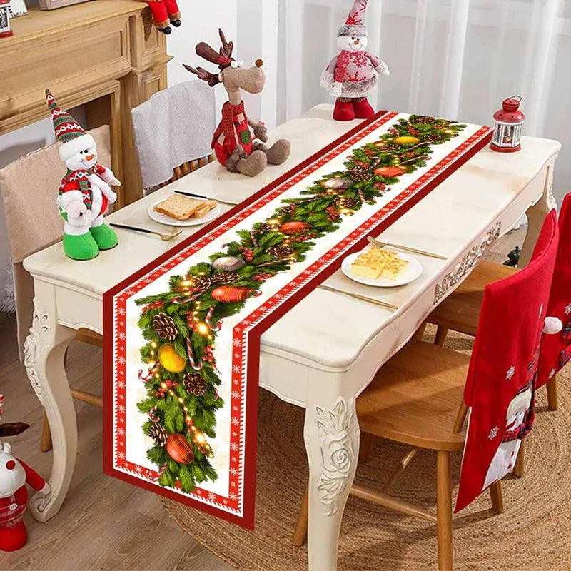 changement saison décoration noël chemin table flocons neige santa clause forêt cerfs motifs géométriques