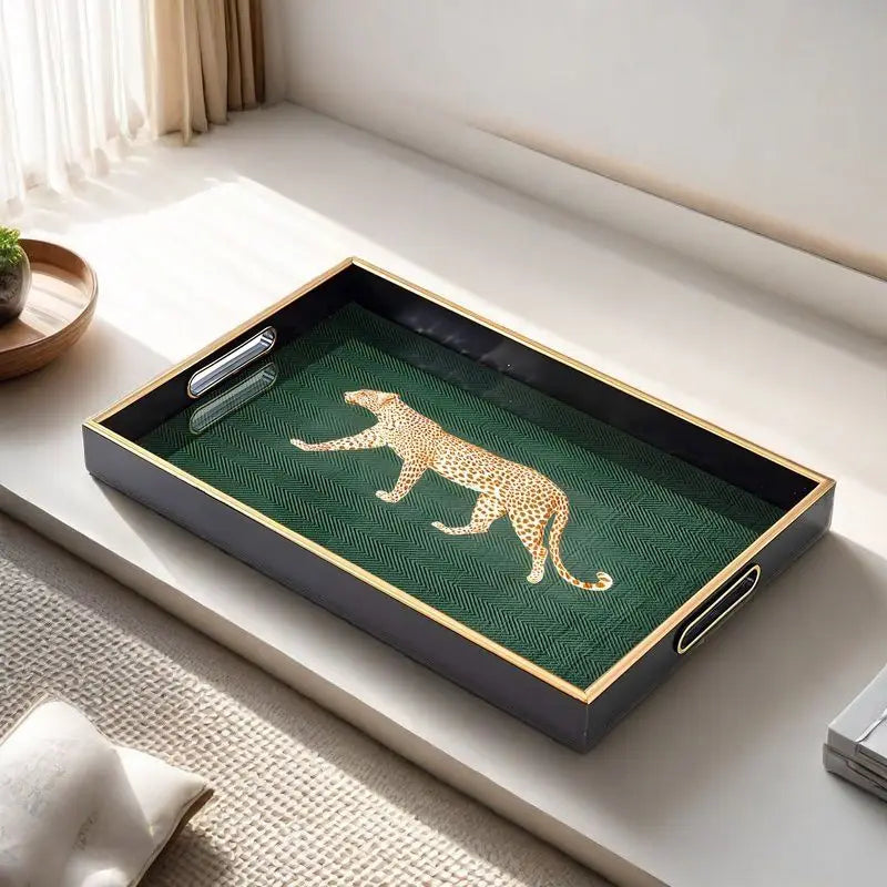 plateau service moderne élégant noir vert léopard poignées bougie parfum diffuseur figurine douche crème