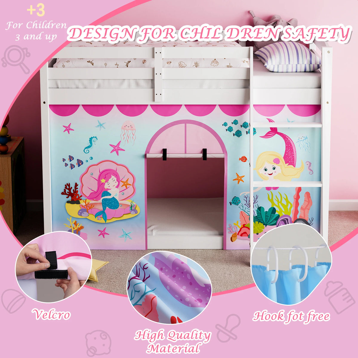 rideau lit enfant sirène sous marin cartoon velcro bleu rose blanc