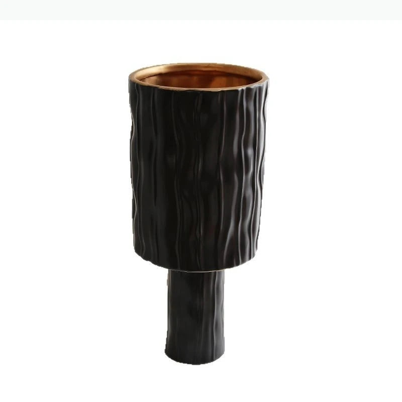 vases modernes noirs dorés rayures verticales élégants pots fleurs décoration arrangement floral