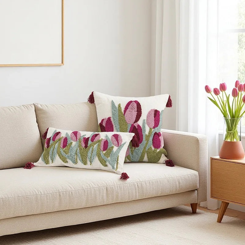 taies d'oreiller fleur tulipes rose verte adhésif tassel polyester blanc traditionnel maison respectueux environnement