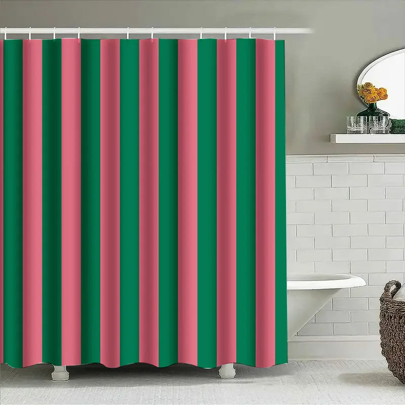 rideau douche moderne vert foncé rose rayures opacité imperméable tapis bain décoration chambre anneaux