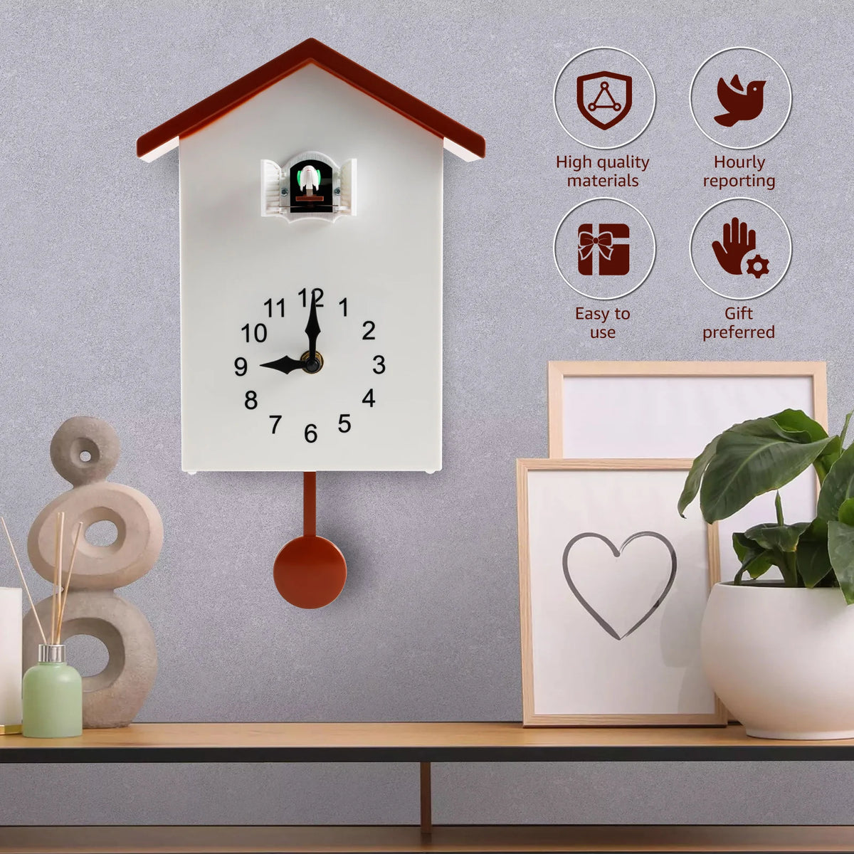 horloge coucou moderne motif maison cadran noir chiffres blancs salon minimaliste pendule plastique opaque