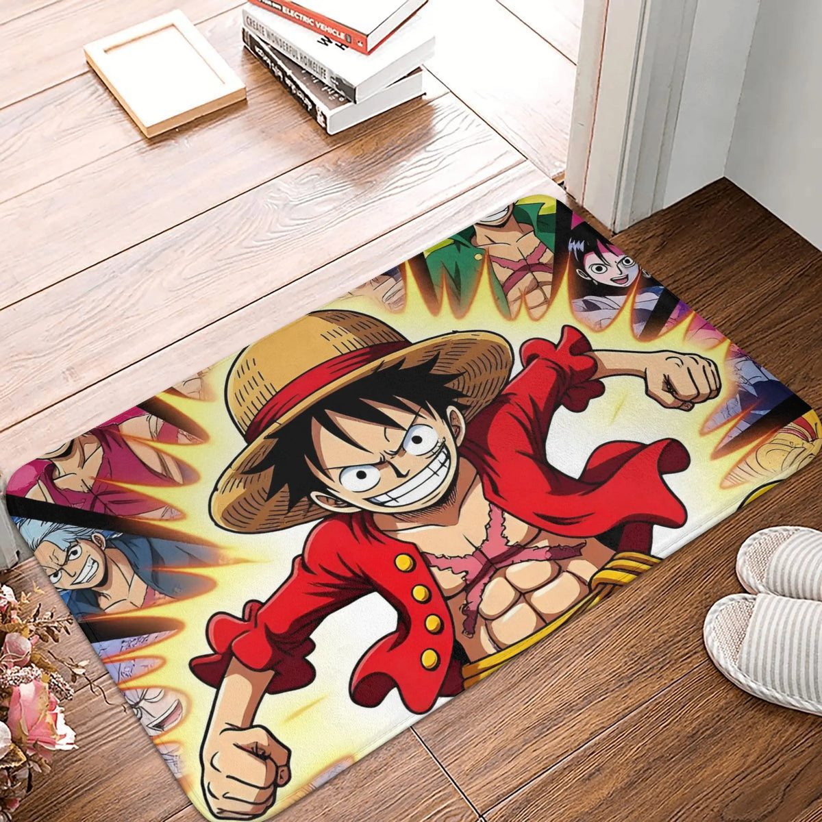 tapis sol antidérapant one piece zoro épées croisées moderne vert noir blanc