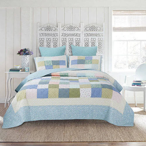 couverture coton patchwork bleu vert blanc motifs floraux vintage oreillers 150x200cm adaptable