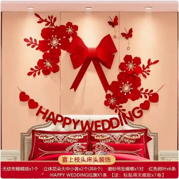 décoration mariage fleurs 3d noeud papillon symbole double bonheur happy wedding adhésif traditionnel asiatique