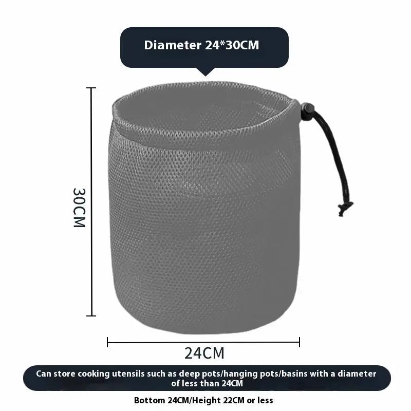 sac rangement noir maille opacité cordelette pratique camping cuisine pique nique organisation vaisselle barbecue