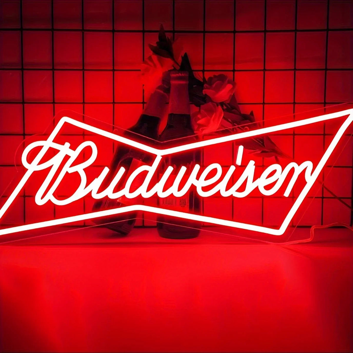 enseigne lumineuse néon rouge logo budweiser adhésif protection chambre bar deco métal transparent