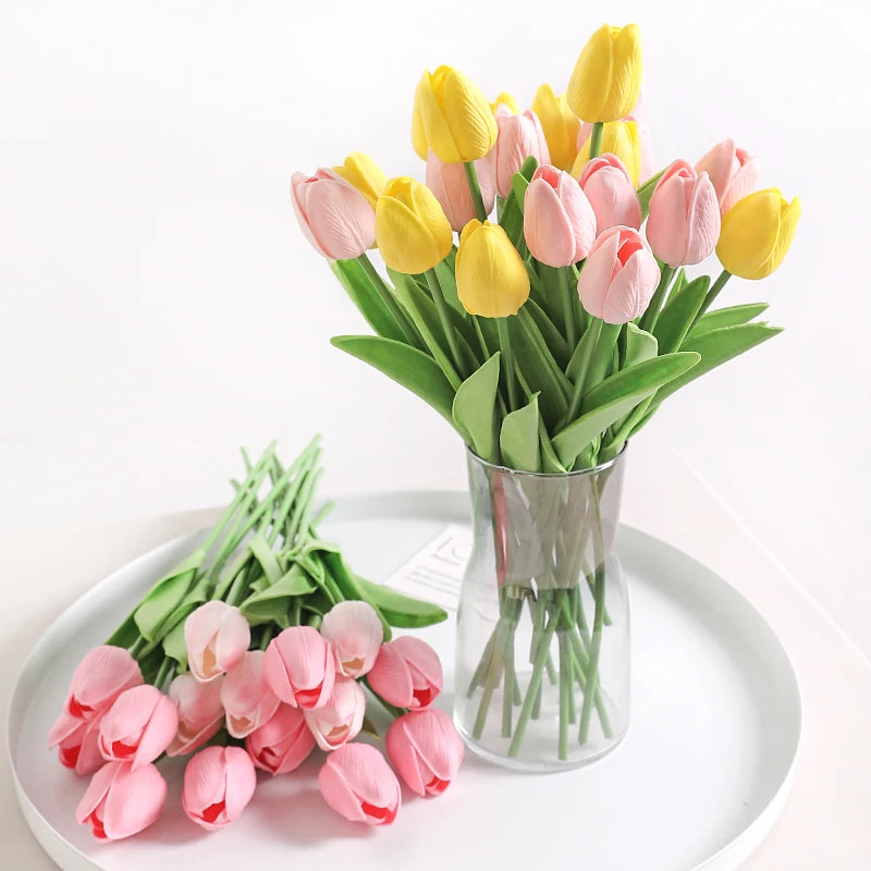 bouquet fleurs artificielles tulipes roses blanches jaunes décoration maison mariage intérieur vase jardin moderne