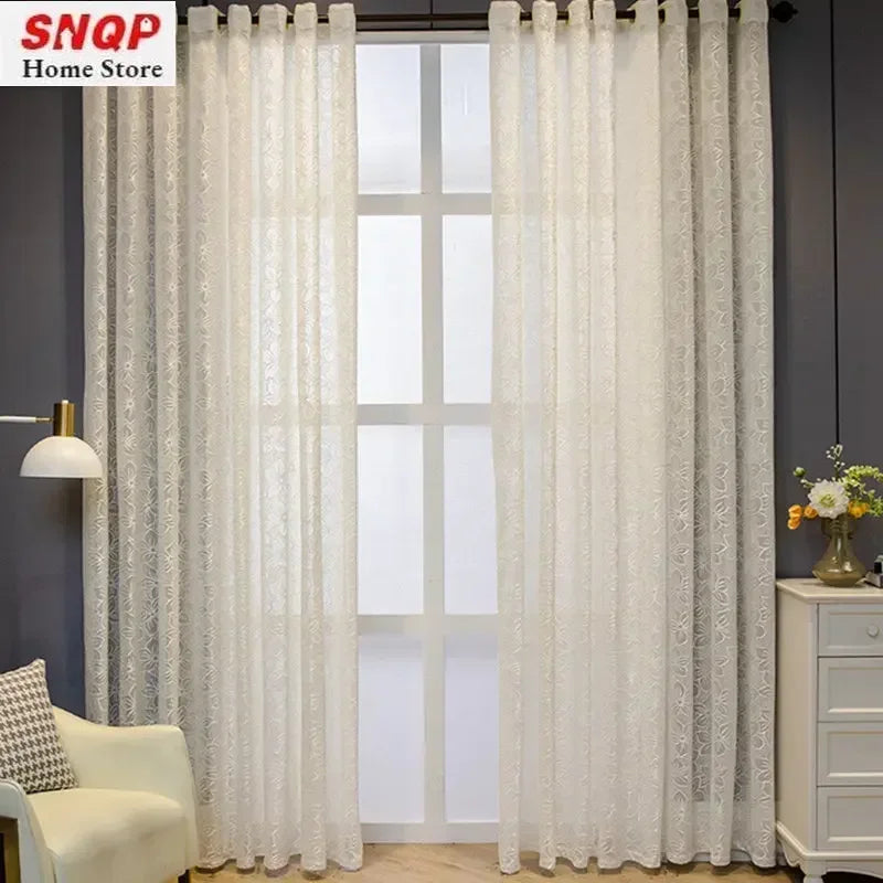 rideau blanc fleurs transparent classique fenêtre française polyester brodé