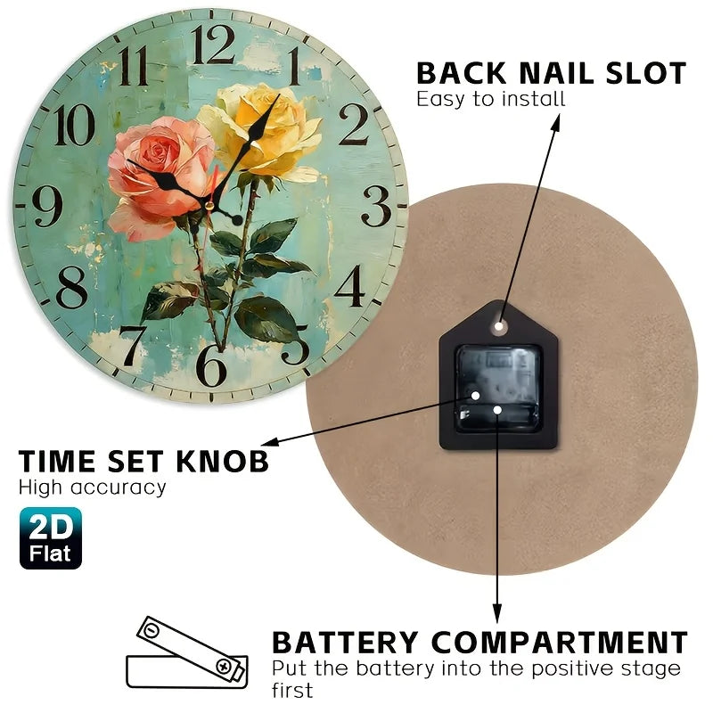 horloge murale bois fleurs roses vintage aiguille circulaire 25cm étude déco maison