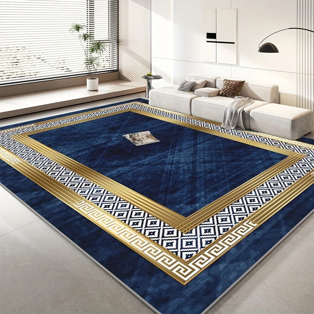 tapis laine bleu marine géométrique bordure dorée moderne salon chambre